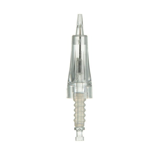 A clear, disposable needle cartridge with a cap and a small needle attached, commonly used for micro needling