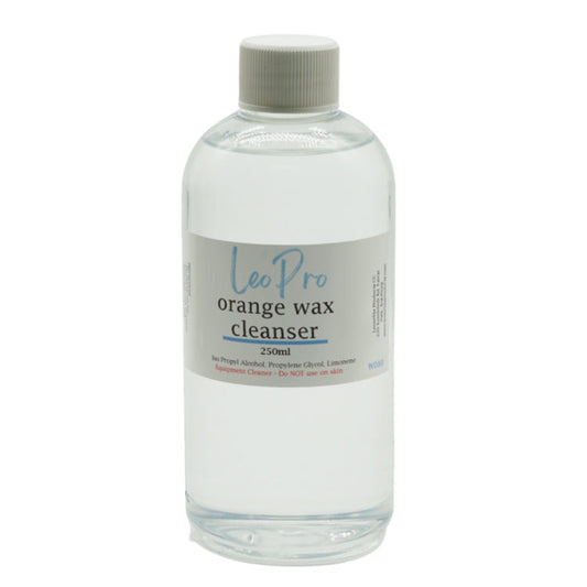 A clear plastic bottle labeled 'ORANGE WAX CLEANSER' with a capacity of 250ml, by LEO PRO.