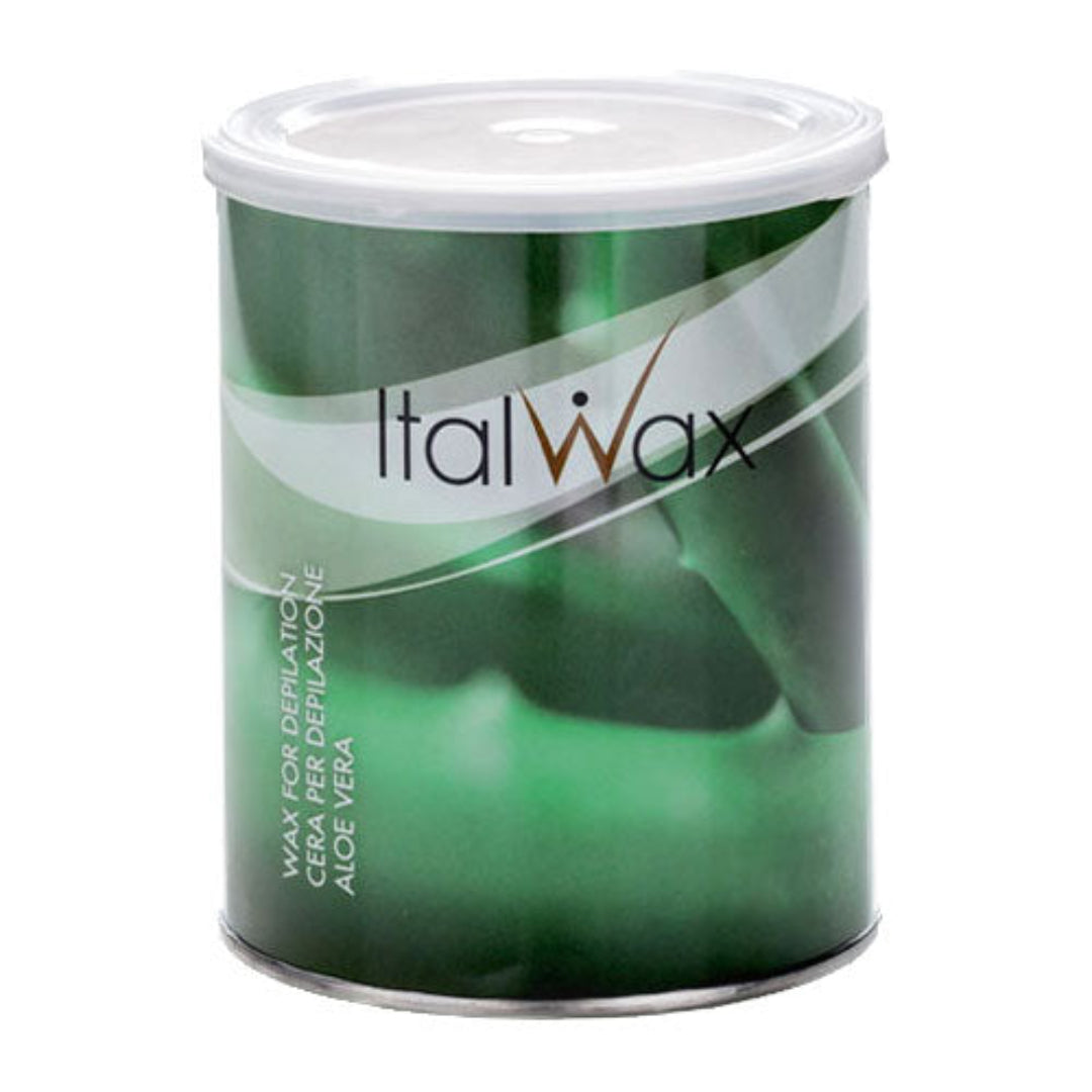 W324 800g Aloe Vera Cold Strip Wax  |An 800g tin of Italwax Aloe Vera cold strip wax hair removal on arms and legs, with a label showing the product name and an image of a hair removal strip.
