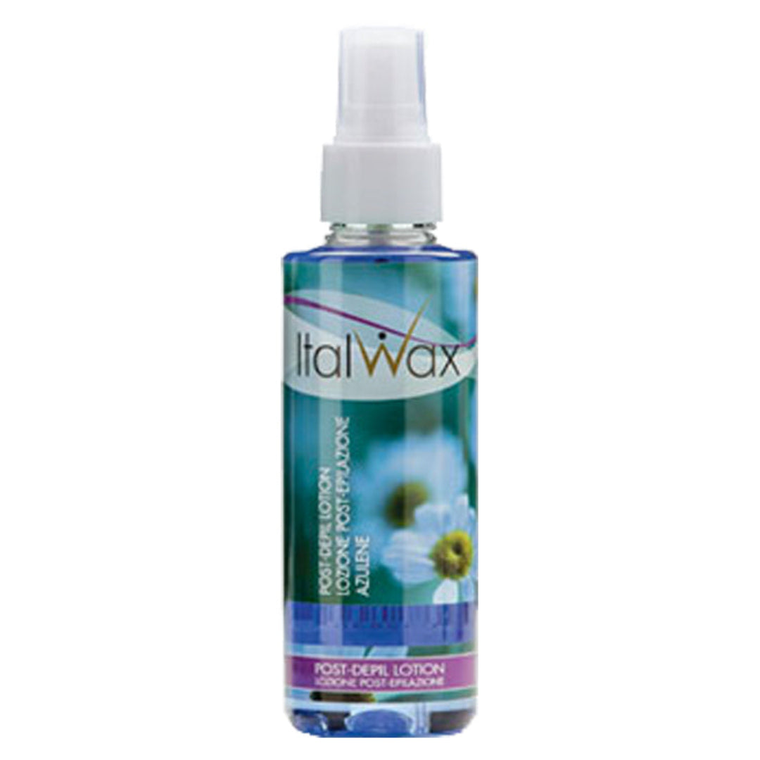 W352A Italwax 100ml Azulene Oil-free Post wax spray| A bottles with spray of Italwax azulene oil-free post wax lotion in 100ml with blue labels featuring flower images and the brand name.