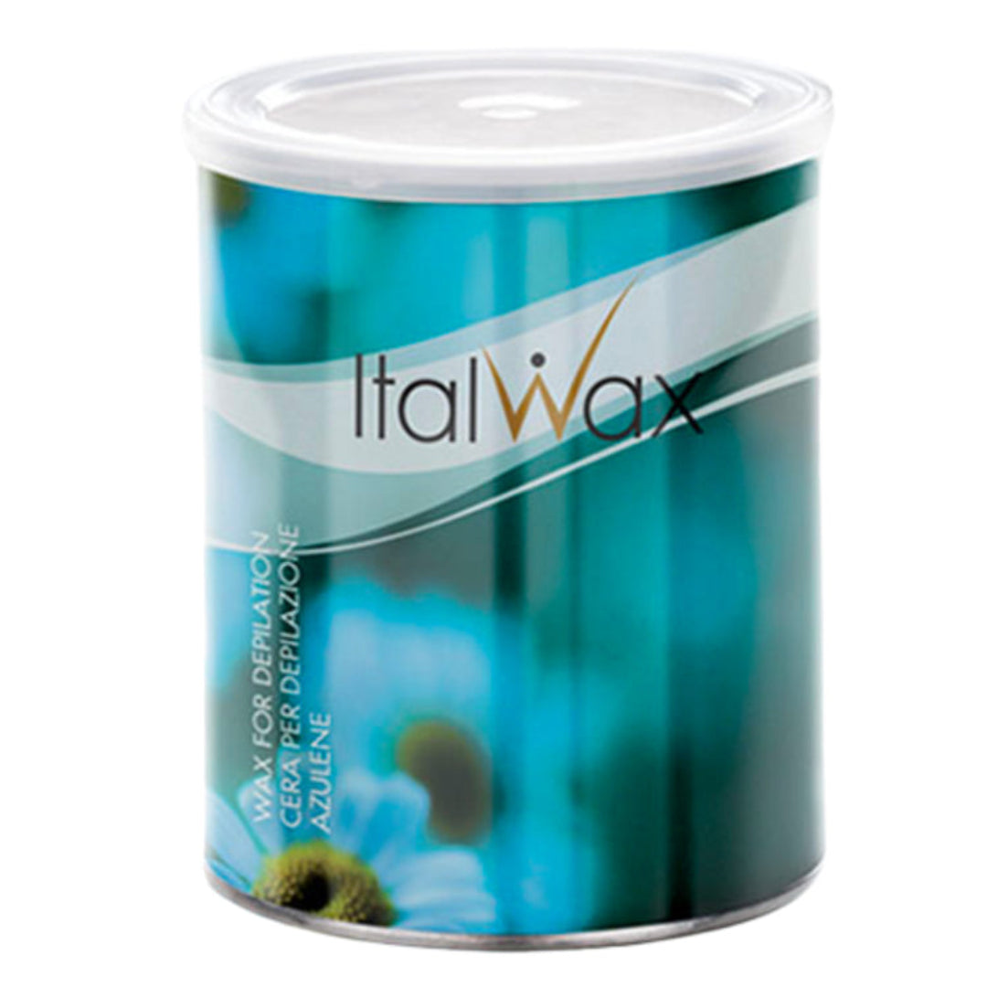 W361 Italwax 800g Azulene Cold Strip Wax | A cylindrical metal tin of Italwax wax for leg and arm waxing, featuring a teal and blue floral label with a white lid, set against a plain white background.