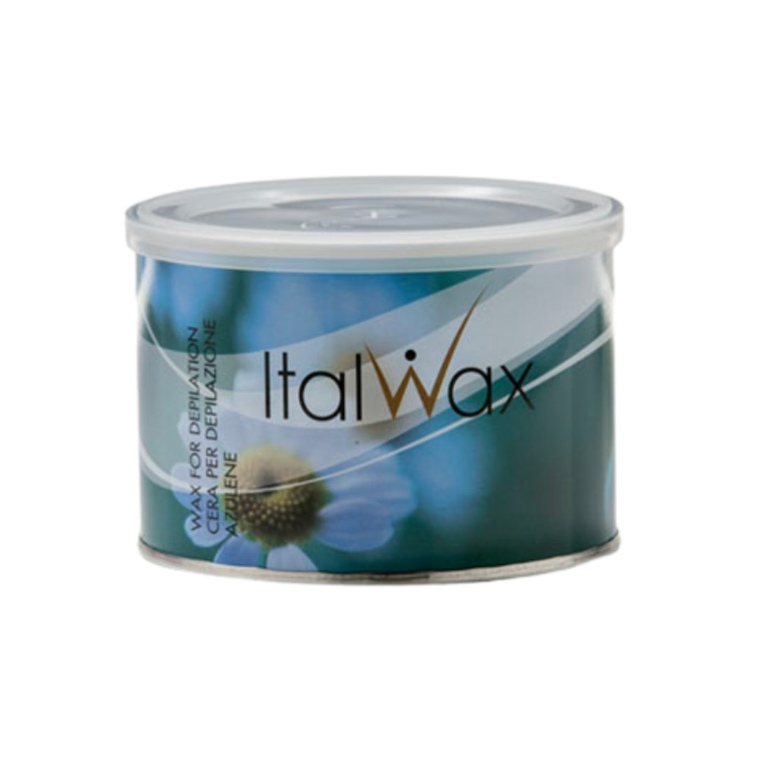 W361A Italwax 400g Azulene Cold Strip Wax | A cylindrical metal tin of Italwax wax for leg and arm waxing, featuring a teal and blue floral label with a white lid, set against a plain white background.
