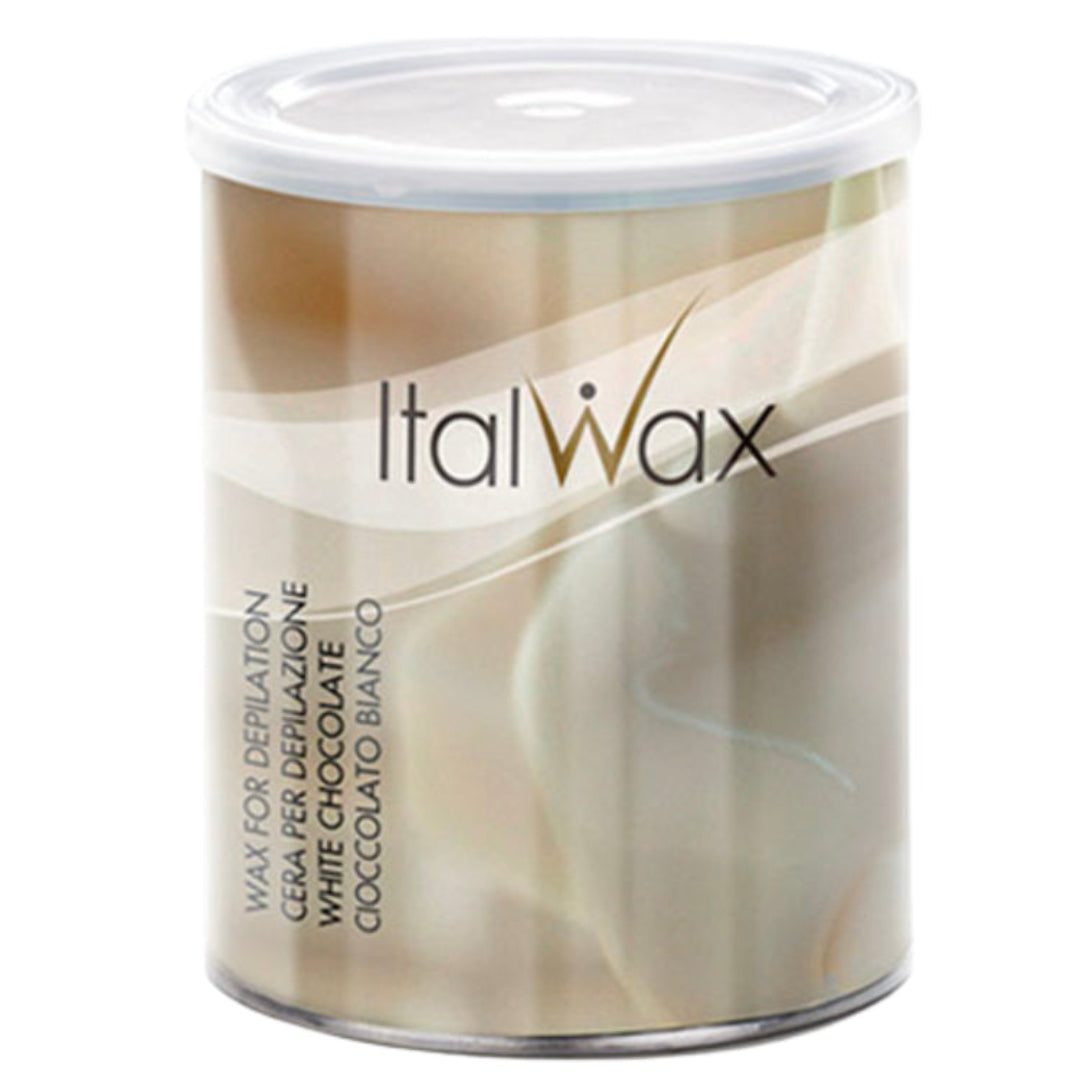 W363 Italwax 800g White Chocolate Cold Strip Wax | A cylindrical metal tin of Italwax wax for leg and arm waxing, featuring a white creamy label with a white lid, set against a plain white background.