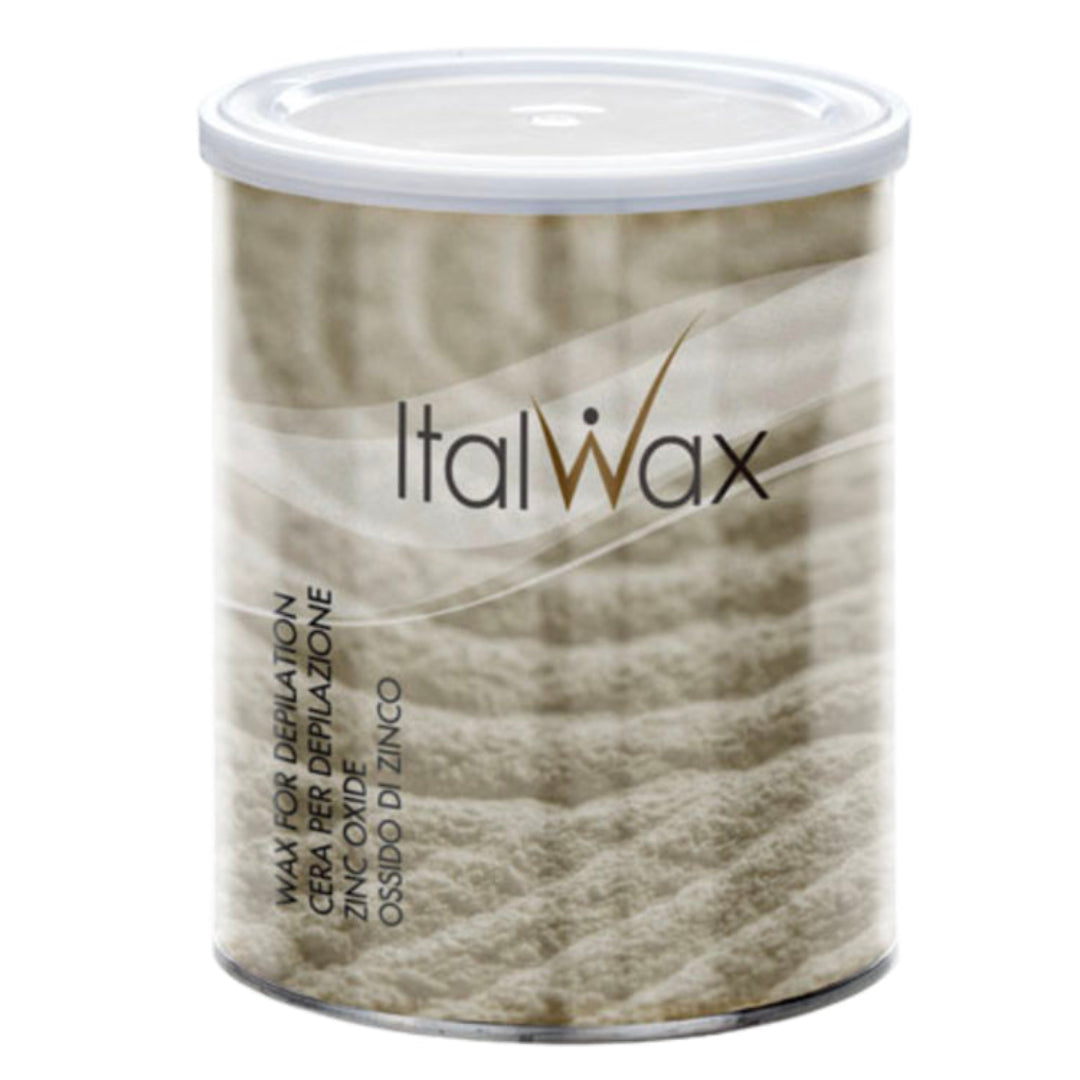 W364 Italwax 800g Zinc Oxide Cold Strip Wax | A cylindrical metal tin of Italwax wax for leg and arm waxing, featuring a beige sand effect label with a white lid, set against a plain white background.