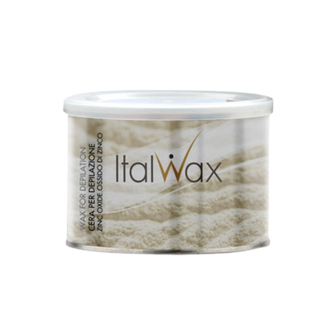 W364A Italwax 400g Zinc Oxide Cold Strip Wax | A cylindrical metal tin of Italwax wax for leg and arm waxing, featuring a beige sand effect label with a white lid, set against a plain white background.
