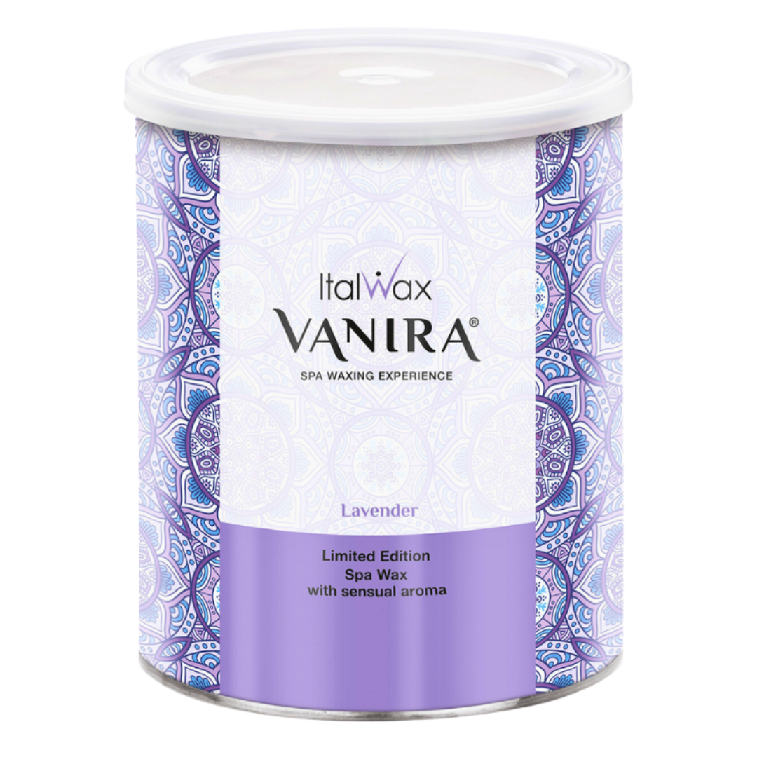 W396 Italwax 800g Vanira Spa Lavender Cold Wax | A cylindrical metal tin of Italwax Vanira Lavender spa wax, featuring a white lid, a white central label with black text, and a purple lower section with a blue and white geometric patterned border.