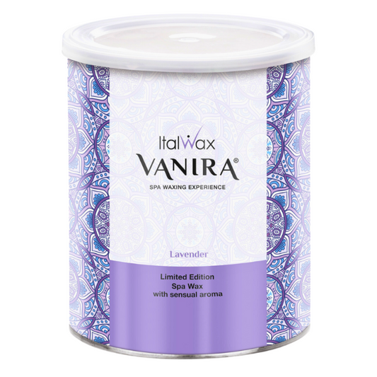 W396 Italwax 800g Vanira Spa Lavender Cold Wax | A cylindrical metal tin of Italwax Vanira Lavender spa wax, featuring a white lid, a white central label with black text, and a purple lower section with a blue and white geometric patterned border.
