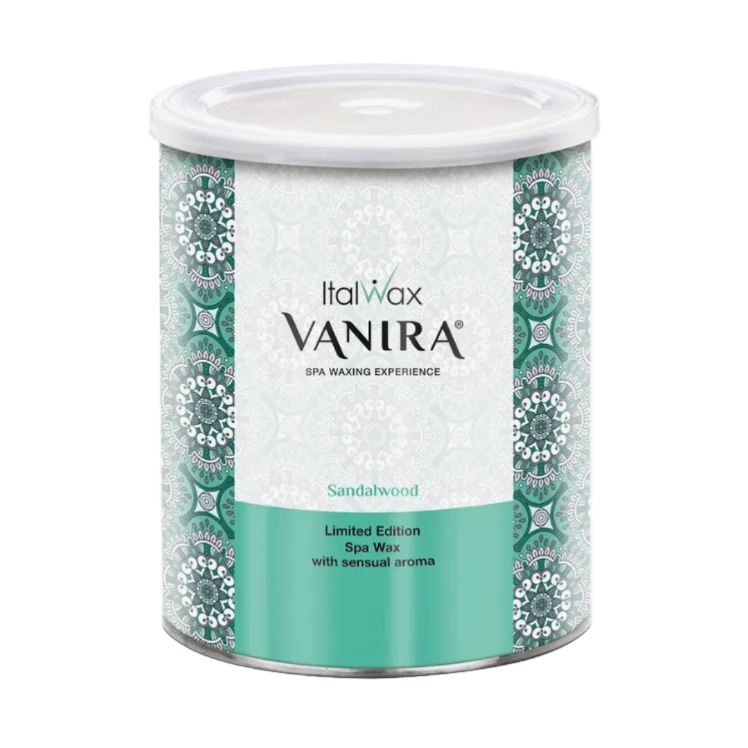 W397 Italwax 800g Vanira Spa Sandalwood Cold Strip Wax | A cylindrical metal tin of Italwax Vanira Sandalwood spa wax, featuring a white lid, a white central label with black text, and a teal lower section with a teal and white geometric patterned border.