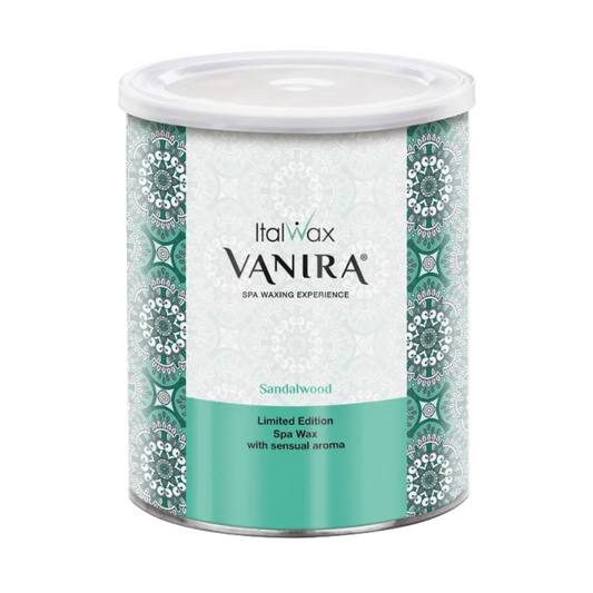 W397 Italwax 800g Vanira Spa Sandalwood Cold Strip Wax | A cylindrical metal tin of Italwax Vanira Sandalwood spa wax, featuring a white lid, a white central label with black text, and a teal lower section with a teal and white geometric patterned border.