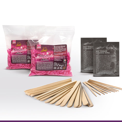 Italwax Glowax Kit contains heater, wax pre- and after lotion to perform facial waxing treatments