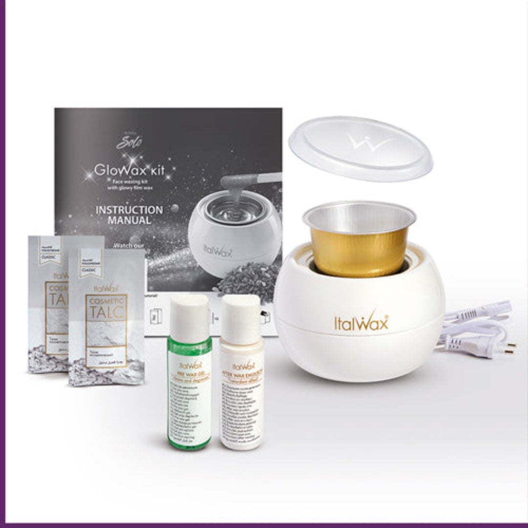 W399 Italwax Glowax Facial Waxing kit | Italwax Glowax Kit with heater, power cord, wax pre- and after lotion, talc, gold insert fits into warmer and information booklet