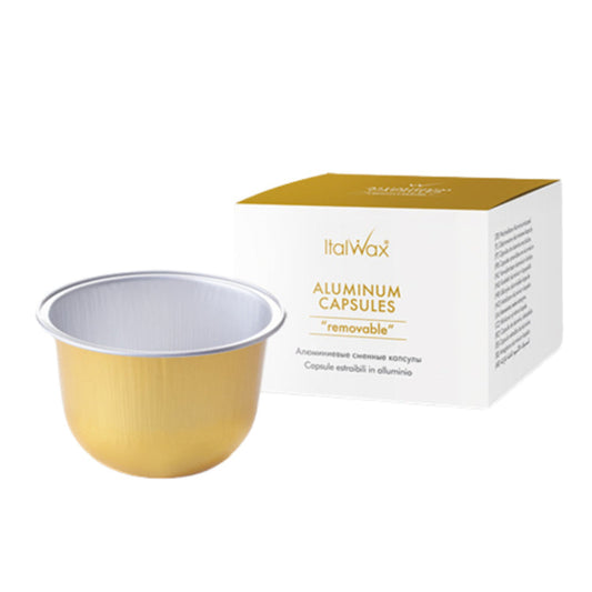 W399A Italwax Glowax wax warmer / heater aluminium cup insert |A single aluminum replacement cup for wax beads next to its white box packaging labeled 'Italwax Aluminium Capsules Removable' with product details.
