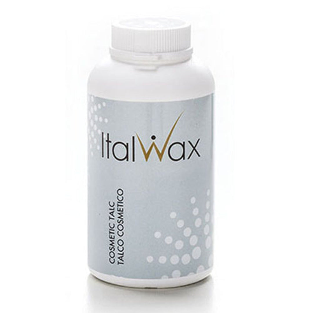 W401 Italwax Talc 150g | A white shaker bottle of Italwax talcum powder with grey and white labelling and Italwax brand name