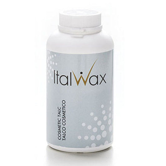 W401 Italwax Talc 150g | A white shaker bottle of Italwax talcum powder with grey and white labelling and Italwax brand name