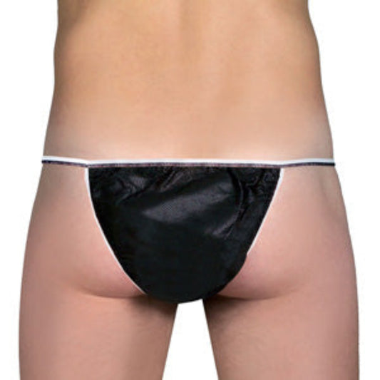 Z702B Disposable Man Tanga Back | Back Lower part of male body wearing a black non-woven brief on a white background
