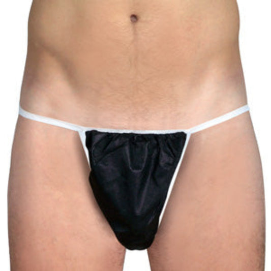 Z702B Disposable Man Tanga 100pieces Front |  Front lower body of man wearing a black non-woven tanga with white elastic