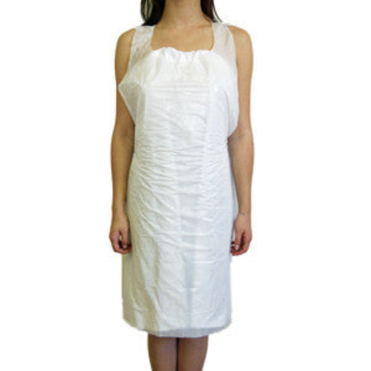 Z704A White Plastic Waxing Apron | Woman standing straight with a white plastic apron covering her clothing on a white background