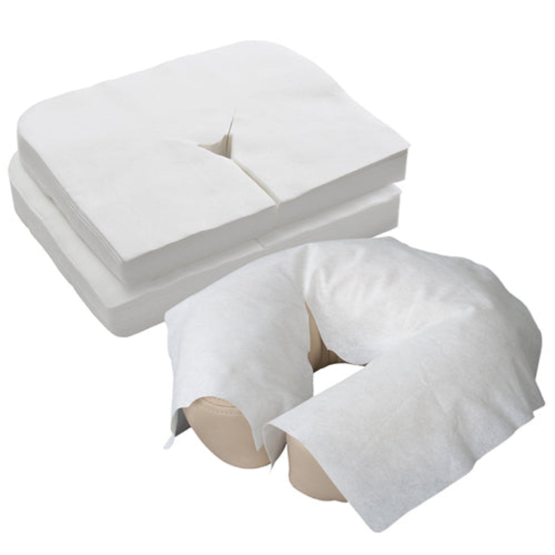 Z713B Disposable Woven Massage Bed Face Cradle Cover | White disposable breathing hole and support cushion cover shown on a plain white background, with one stack of breathing covers and one on a U-shaped neck pillow.