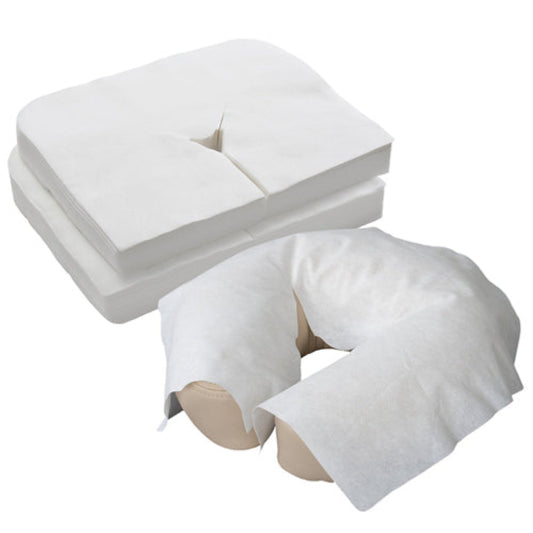 Z713B Disposable Woven Massage Bed Face Cradle Cover | White disposable breathing hole and support cushion cover shown on a plain white background, with one stack of breathing covers and one on a U-shaped neck pillow.