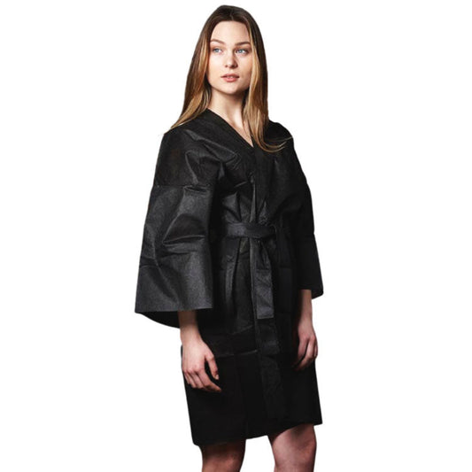 Z716 Black Disposable Woven Kimono Gown close with belt | Woman wearing a black woven gown with belt tied in front on white background