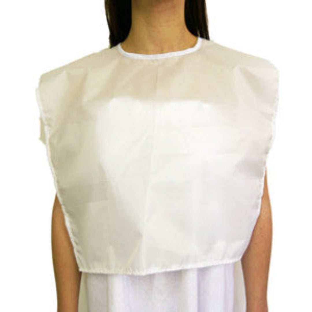 Leonelda Waterproof Make-up Bib | A white waterproof square bib on upper part of female body