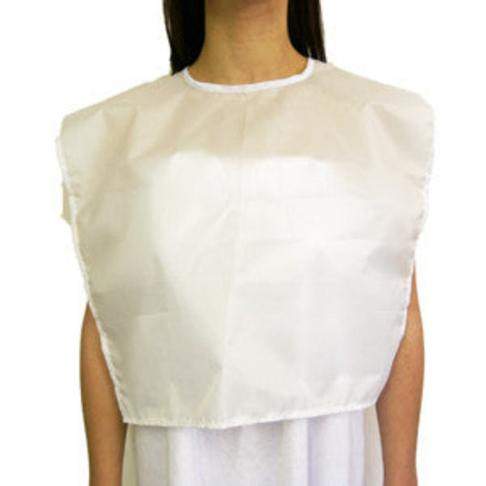 Leonelda Waterproof Make-up Bib | A white waterproof square bib on upper part of female body