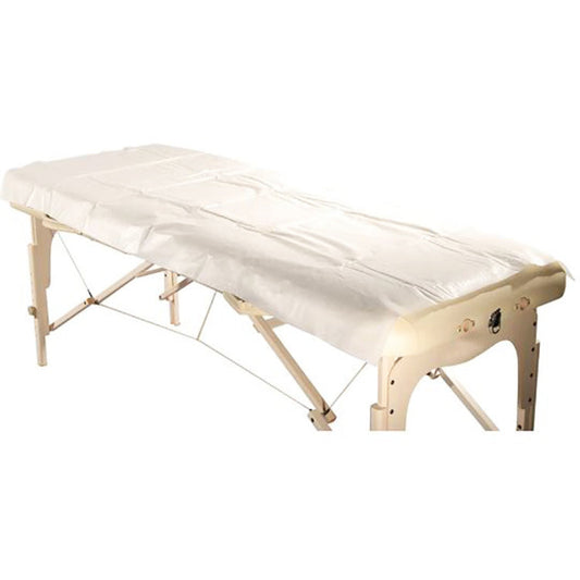 Disposable Waterproof Bed Sheet packed in 10's | A white disposable bed sheet, with paper on one side and plastic on the other to prevent spillages or oil penetrating on bed