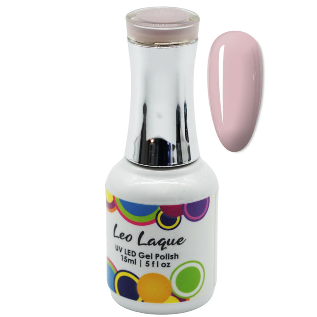 A bottle of Leo Laque UV LED Gel Polish in a pale pink shade, shown alongside a matching oval nail color swatch on a plain white background.