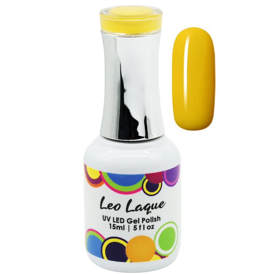 A bottle of Leo Laque UV LED gel nail polish in a bright yellow shade, shown alongside a matching yellow nail swatch on a plain white background.