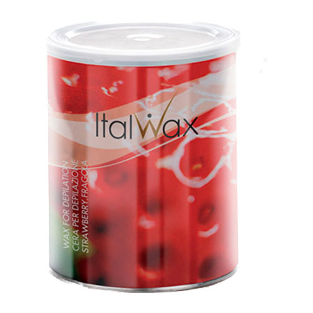 W324 800g Strawberry Cold Strip Wax | An 800g tin of Italwax Strawberry cold strip wax hair removal wax, with a label showing the product name 